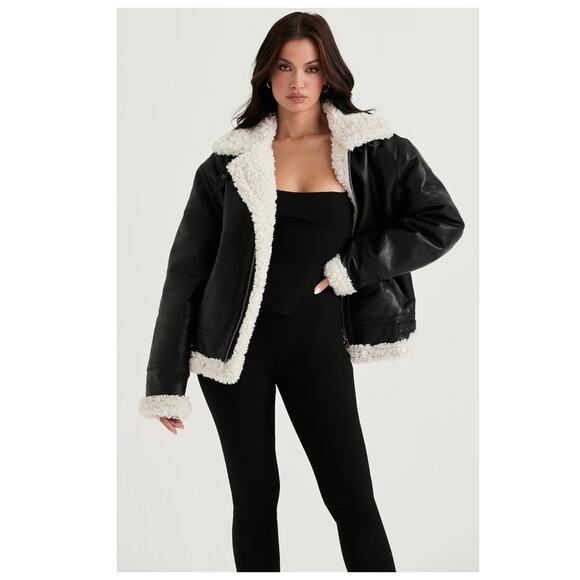 HOUSE OF CB Madden Faux Leather Bomber Jacket with Faux Shearling Trim (S) - Picture 1 of 16